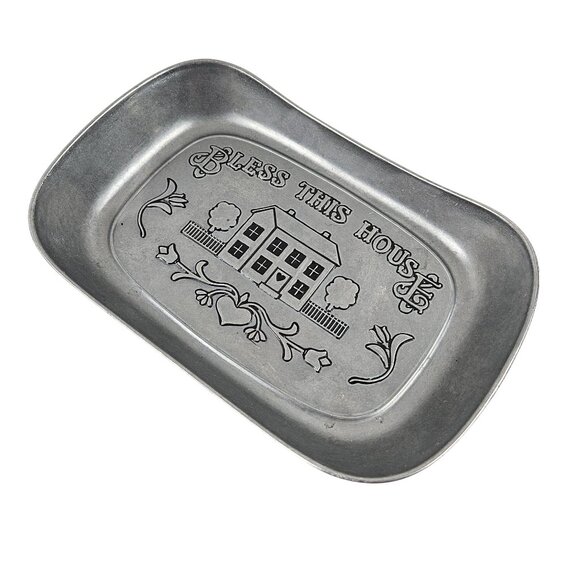 Wilton Armetale Pewter Tray Bless This House Rectangle Bread Plate USA Vintage - Picture 2 of 9